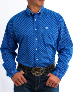 Cinch Men's Blue Dotted Square Print Western Shirt 