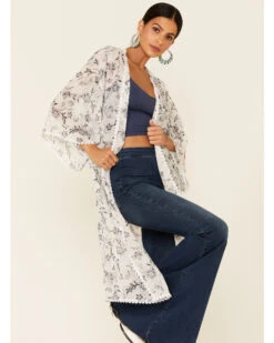 Wild Moss Women's Floral Print Chiffon Open Front Kimono