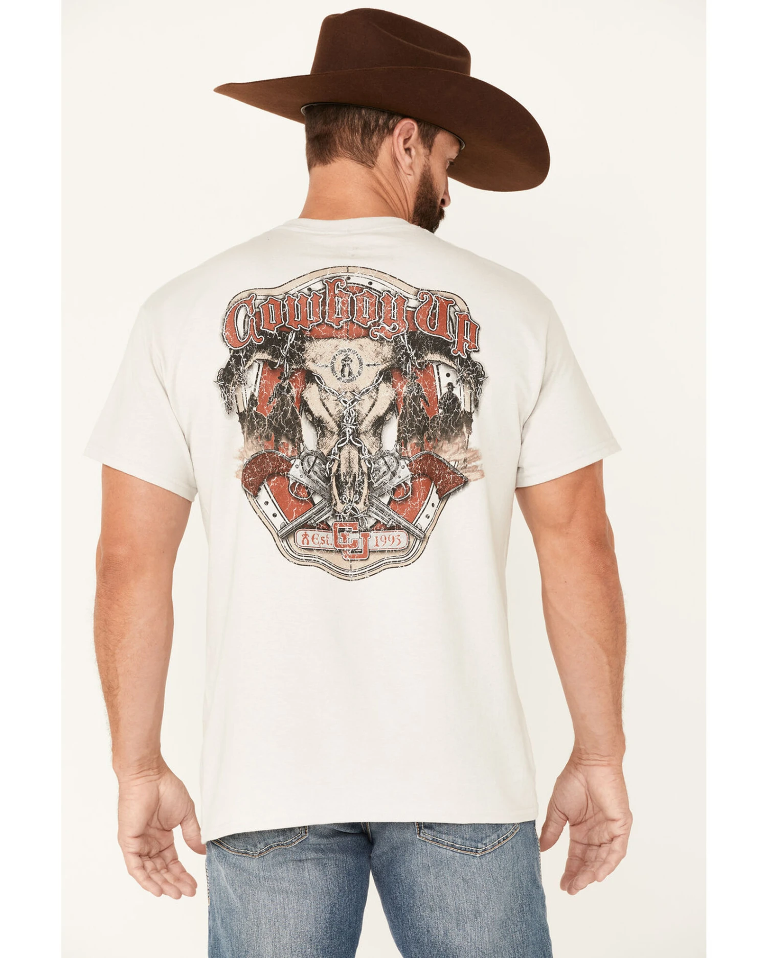 Cowboy Up Men's Longhorn Barb Wire Skull Graphic Short Sleeve T-Shirt 6 Cowboy Up Men's Longhorn Barb Wire Skull Graphic Short Sleeve T-Shirt - Image 4