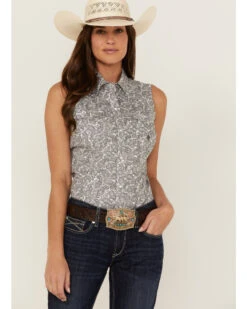 Roper Women's Paisley Print Sleeveless Pearl Snap Western Shirt 