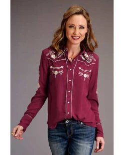 Stetson Women's Rayon Crepe Embroidered Long Sleeve Snap Western Shirt 