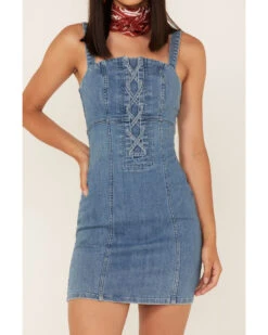 Shyanne Women's Light Wash Lace-Up Denim Mini Dress -Wrangle Clothing Shop 2000364775 412 P3