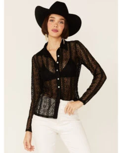 Wild Moss Women's Lace Button Front Sheer Long Sleeve Shirt