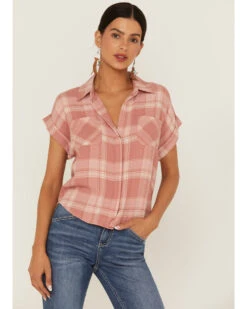 Wild Moss Women's Plaid Print Short Sleeve Shirt