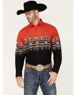 Panhandle Men's Southwestern Boarder Print Long Sleeve Snap Shirt