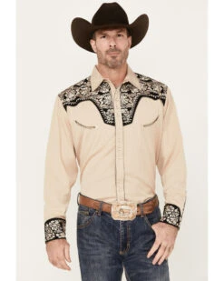 Scully Men's Floral Tooled Embroidered Long Sleeve Western Pearl Snap Shirt