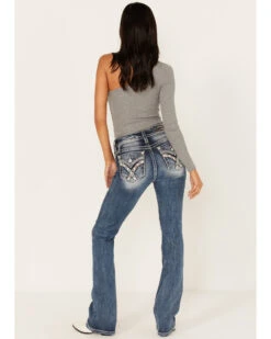 Miss Me Women's Medium Wash Mid Rise Embroidered Paisley Distressed Bootcut Jeans - Long