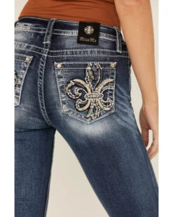 Miss Me Women's Dark Wash Mid Rise Embroidered Fleur De Lis Jeans -Wrangle Clothing Shop 2000378173 401 P2