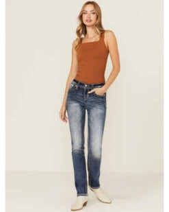 Miss Me Women's Dark Wash Mid Rise Embroidered Fleur De Lis Jeans -Wrangle Clothing Shop 2000378173 401 P3