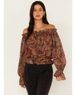 Flying Tomato Women's Paisley Print Off The Shoulder Top