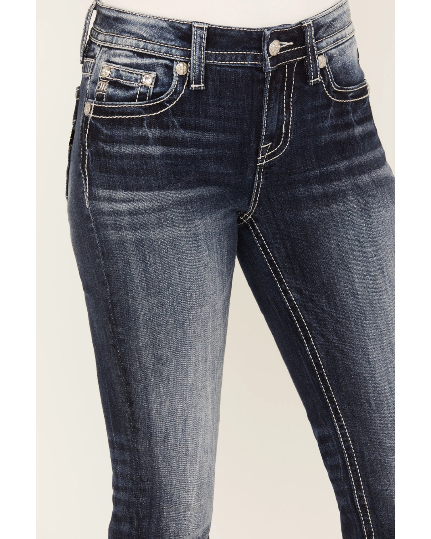 Miss Me Women's Dark Wash Mid Rise Velvet Rhinestone Embroidered Bootcut Jeans 6 Miss Me Women's Dark Wash Mid Rise Velvet Rhinestone Embroidered Bootcut Jeans - Image 4