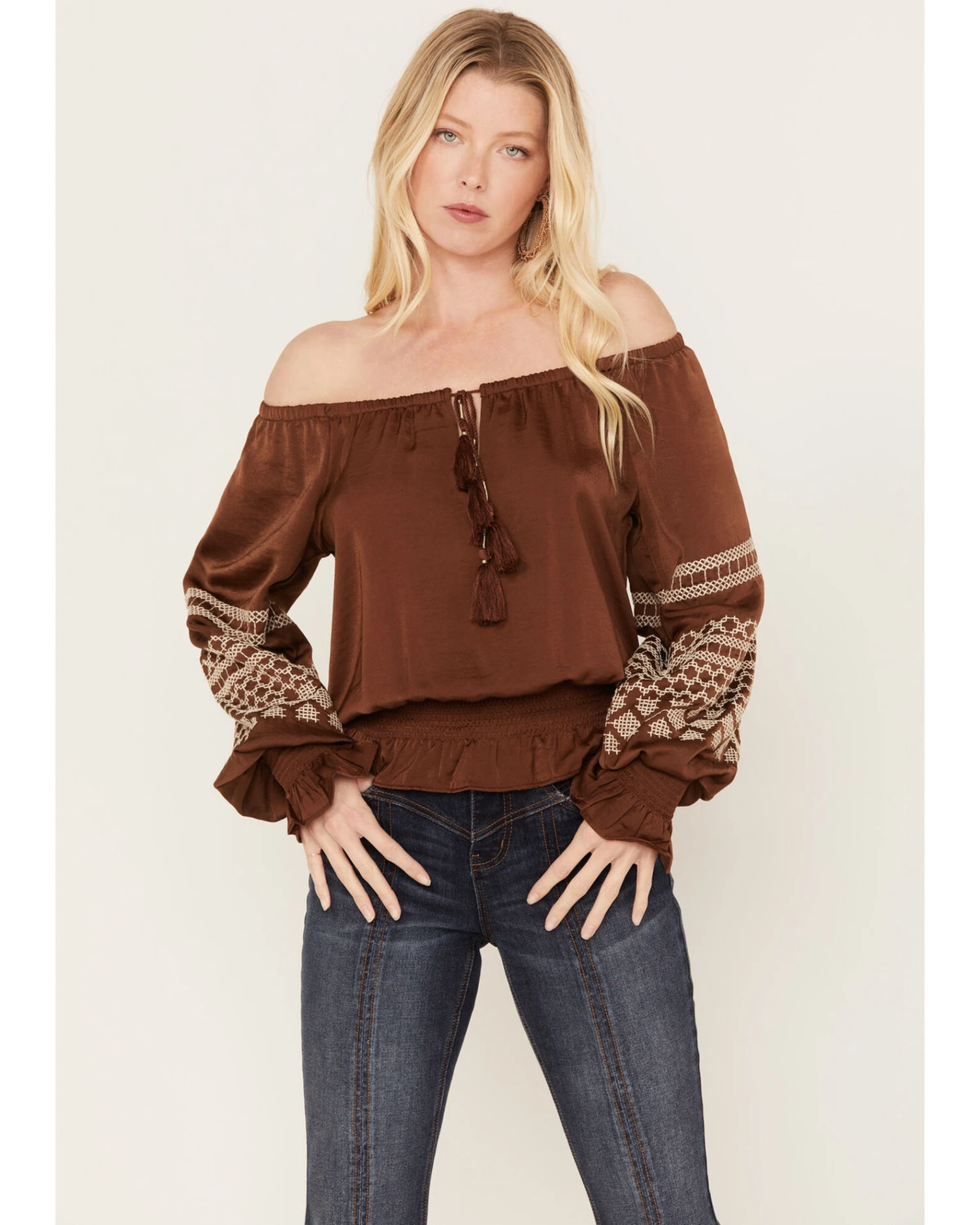 Shyanne Women's Satin Peasant Embroidered Blouse 3 Shyanne Women's Satin Peasant Embroidered Blouse