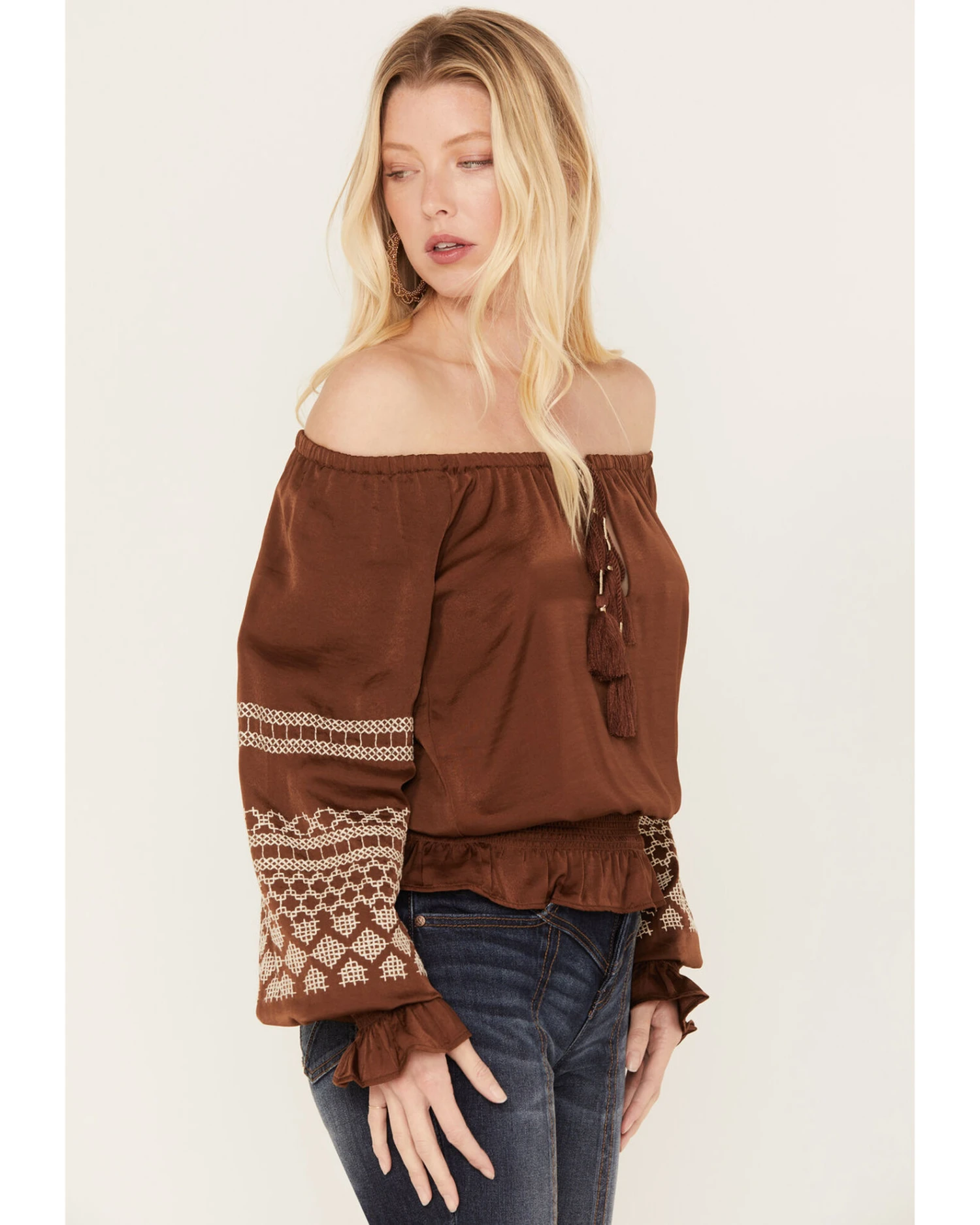 Shyanne Women's Satin Peasant Embroidered Blouse 4 Shyanne Women's Satin Peasant Embroidered Blouse - Image 2