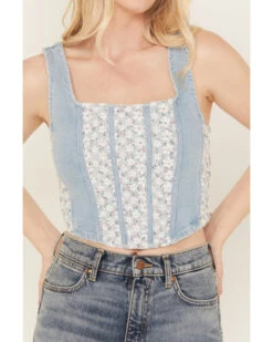 POL Women's Medium Wash Denim Floral Print Sleeveless Corset Tank -Wrangle Clothing Shop 2000393559 414 P3