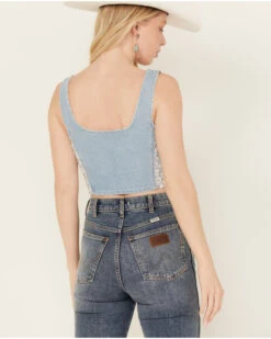 POL Women's Medium Wash Denim Floral Print Sleeveless Corset Tank -Wrangle Clothing Shop 2000393559 414 P4